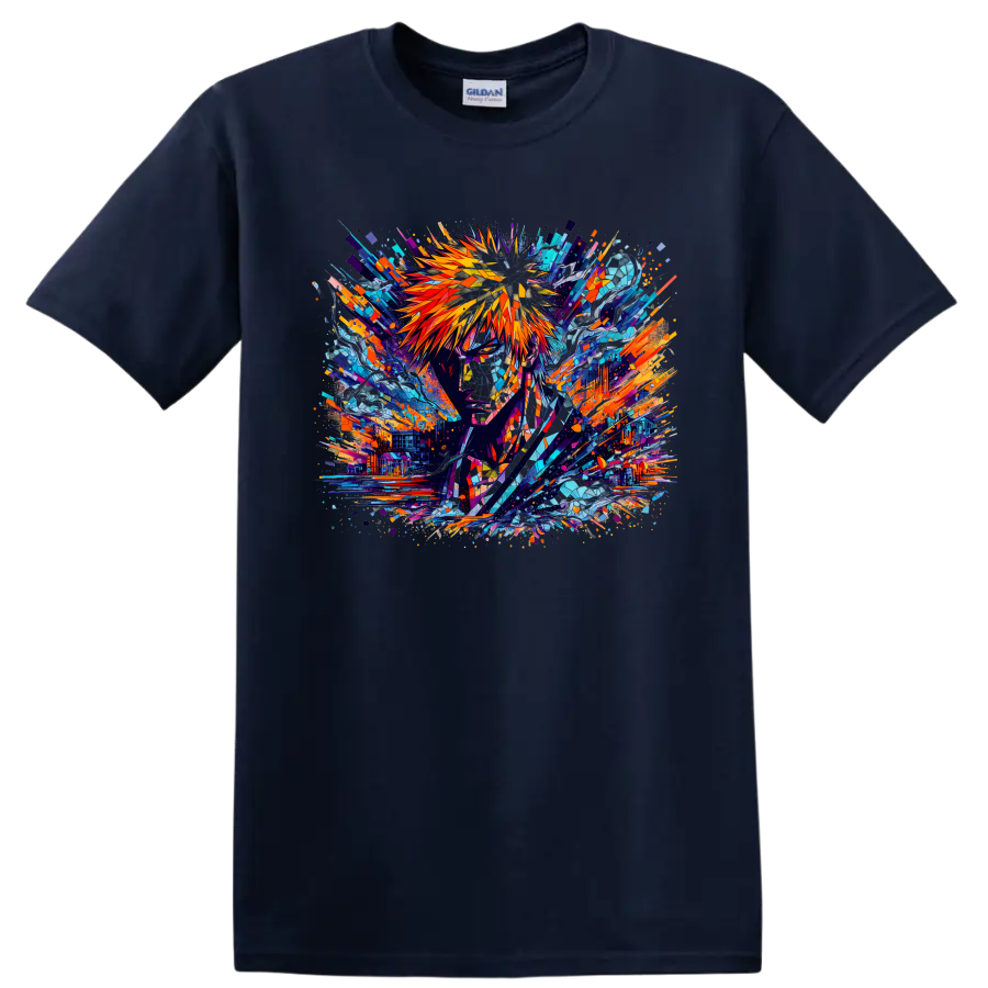 Ichigo Kurosaki stained-glass-style abstract anime portrait with sword on a Navy (Blue) T Shirt