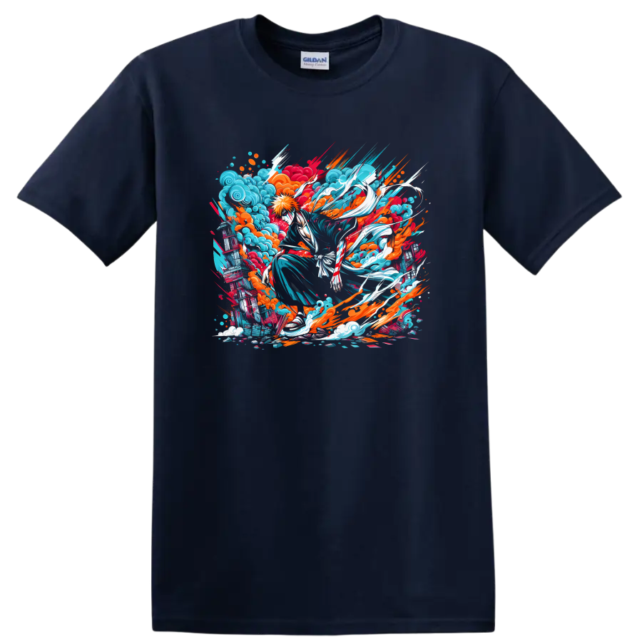 Ichigo Kurosaki Bleach anime action graphic with colorful waves and paint splashes on a Navy (Blue) T Shirt