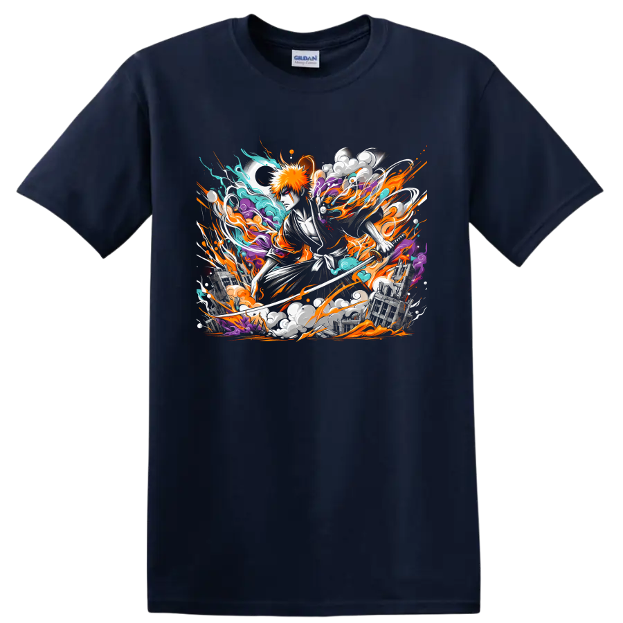 Ichigo Kurosaki with sword in dynamic orange, teal, and purple anime energy art on a Navy (Blue) T Shirt