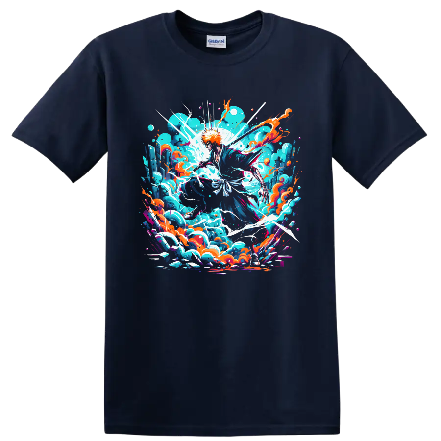 Ichigo Kurosaki sword action graphic with turquoise energy waves and orange accents on a Navy (Blue) T Shirt
