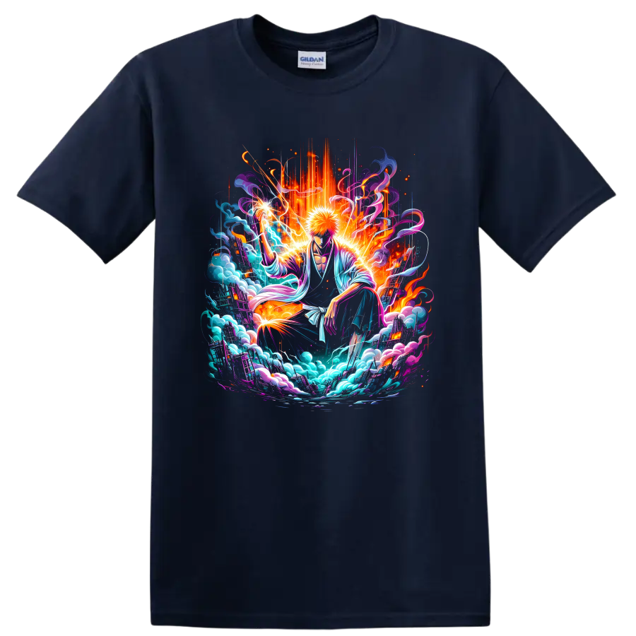 Ichigo Kurosaki neon fantasy battle art with energy waves, sparks, and swirling clouds on a Navy (Blue) T Shirt