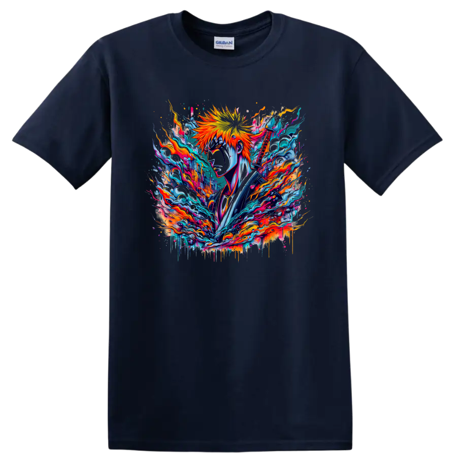 Ichigo Kurosaki Bleach neon sword warrior graphic with flames and blue energy on a Navy (Blue) T Shirt