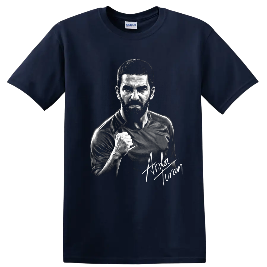 Arda Turan monochrome soccer portrait with raised fist and signature-style detail on a Navy (Blue) T Shirt