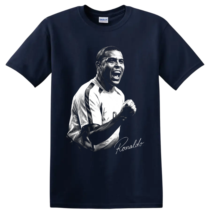 Ronaldo Nazário monochrome soccer celebration portrait with signature-style detail on a Navy (Blue) T Shirt