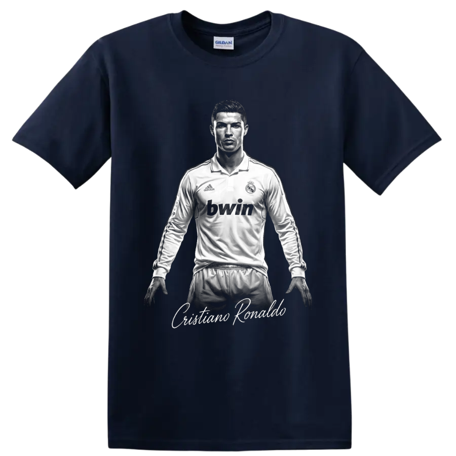 Cristiano Ronaldo Real Madrid monochrome soccer portrait with script name on a Navy (Blue) T Shirt