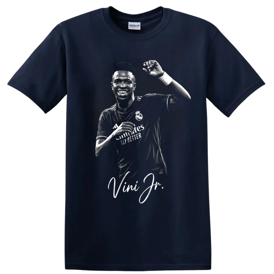 Vinícius Júnior Real Madrid monochrome celebration portrait with signature script on a Navy (Blue) T Shirt