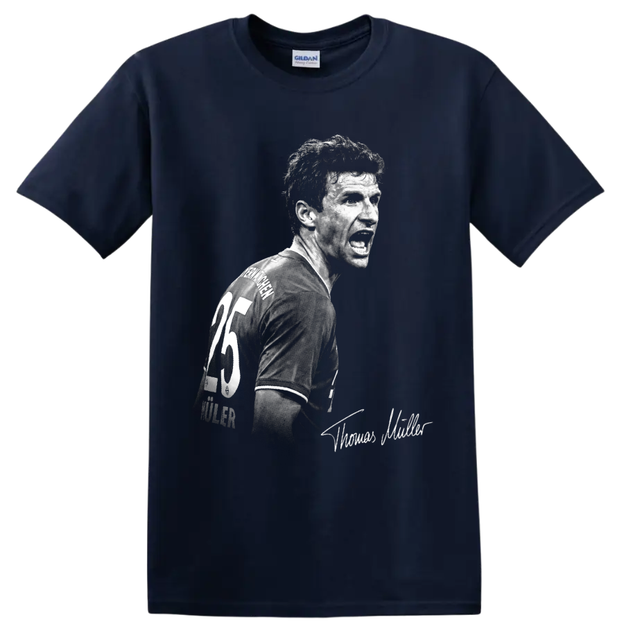 Thomas Müller black-and-white soccer portrait with number 25 jersey and signature detail on a Navy (Blue) T Shirt