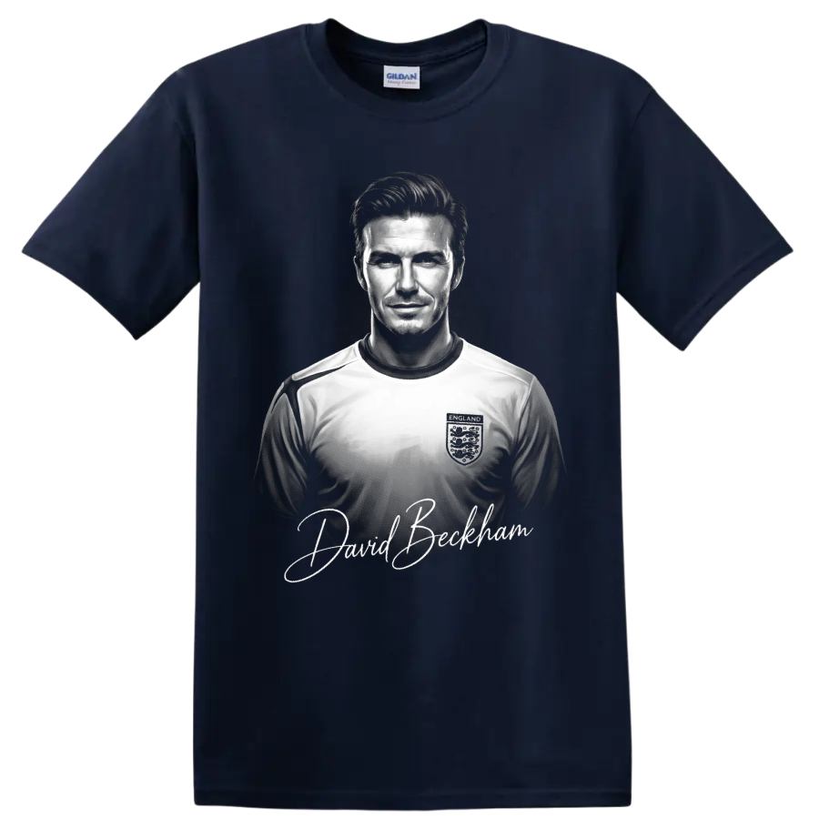David Beckham England soccer portrait with signature-style lettering on a Navy (Blue) T Shirt