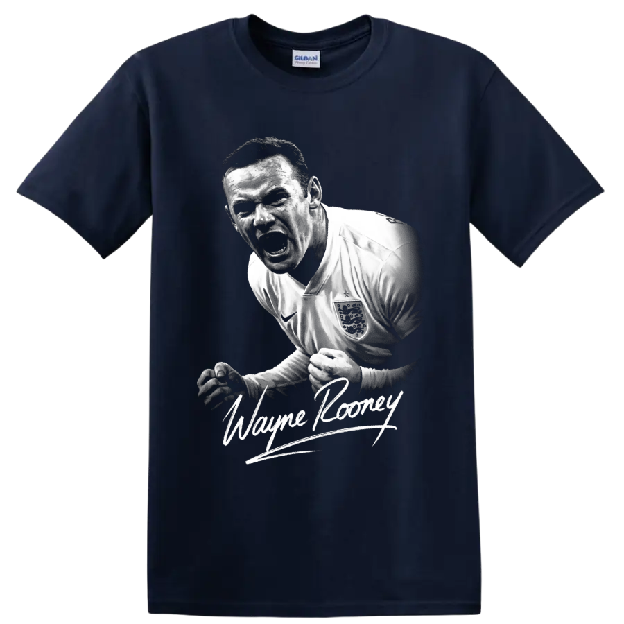 Wayne Rooney England soccer player monochrome portrait with signature-style lettering on a Navy (Blue) T Shirt