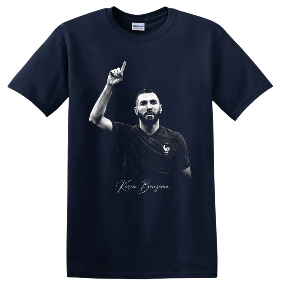 Karim Benzema France soccer portrait with raised finger and signature-style lettering on a Navy (Blue) T Shirt
