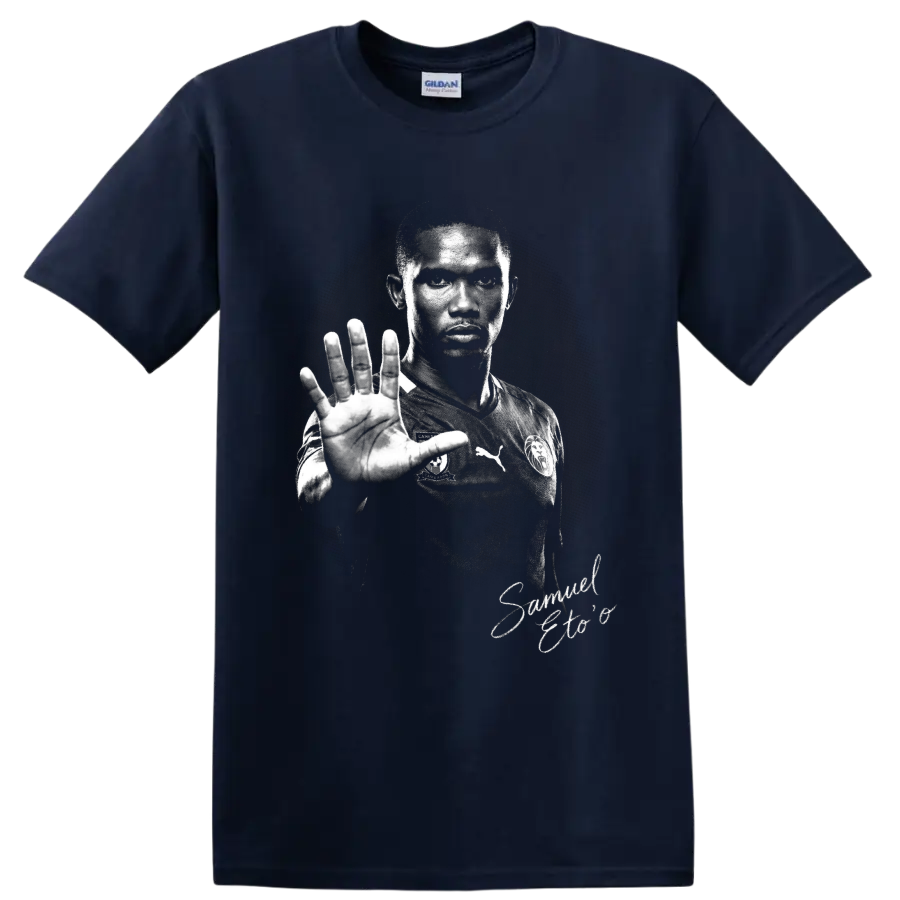 Samuel Eto'o Cameroon soccer portrait in dramatic distressed black-and-white style on a Navy (Blue) T Shirt