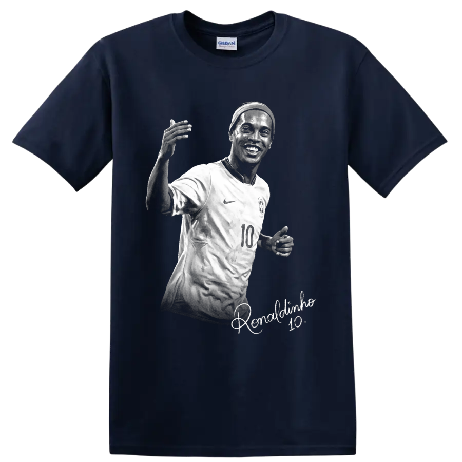 Ronaldinho in Brazil number 10 jersey, monochrome soccer portrait with signature script on a Navy (Blue) T Shirt
