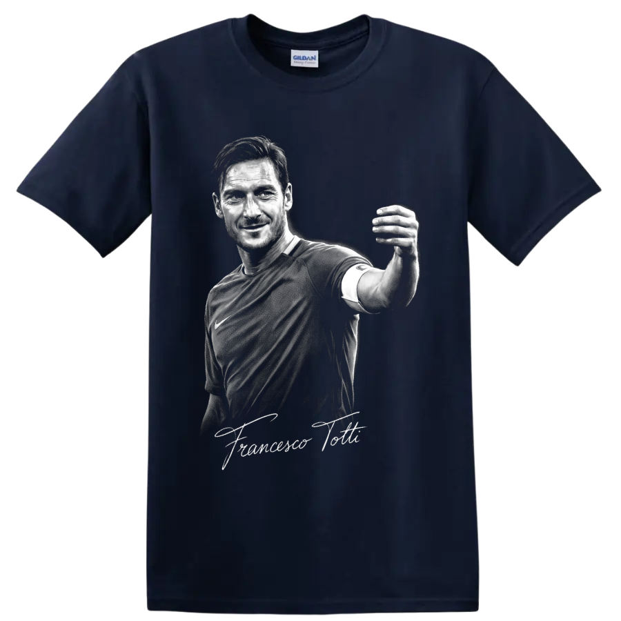 Francesco Totti monochrome soccer portrait with signature-style lettering on a Navy (Blue) T Shirt