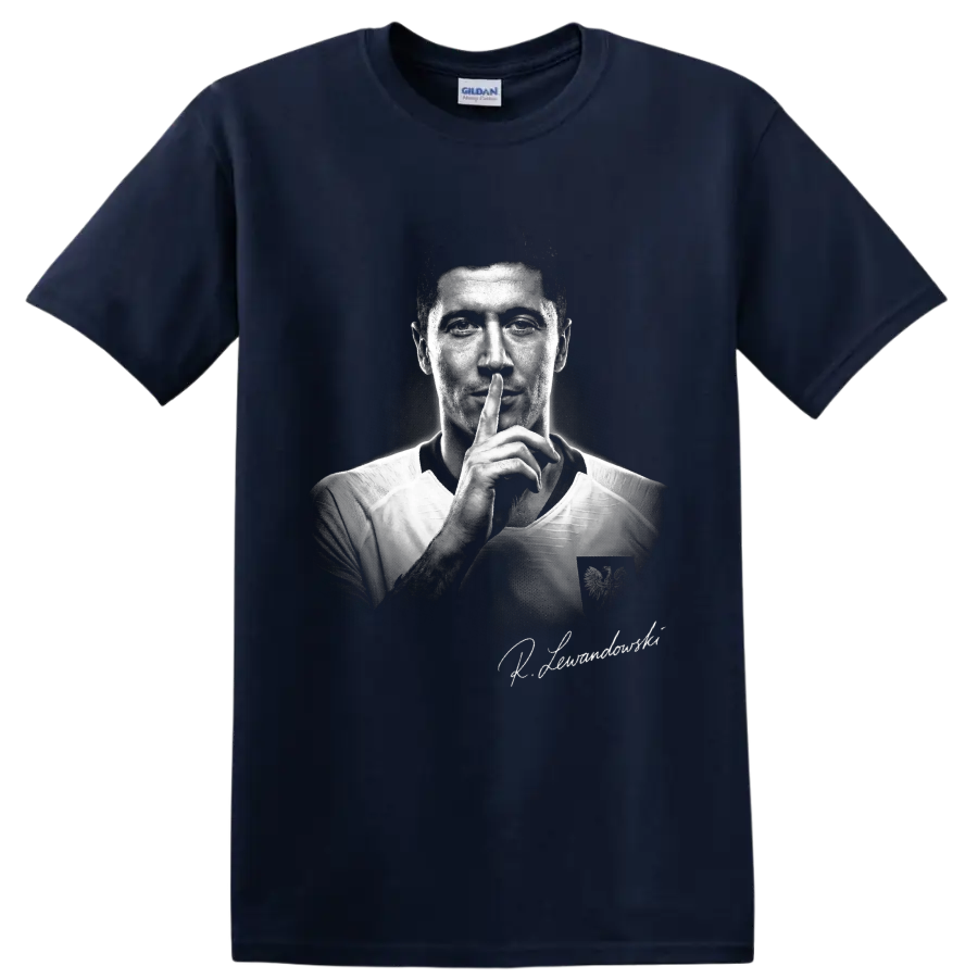 Robert Lewandowski Poland soccer shushing portrait in dramatic monochrome style on a Navy (Blue) T Shirt
