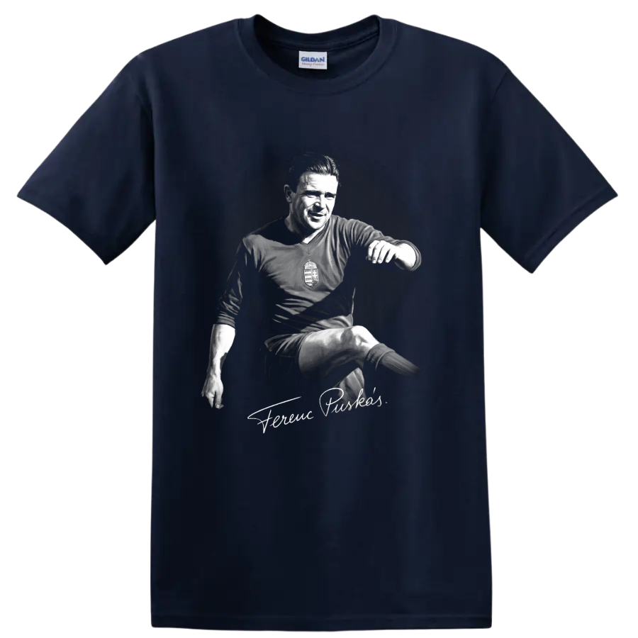 Ferenc Puskás monochrome soccer action portrait with signature-style lettering on a Navy (Blue) T Shirt