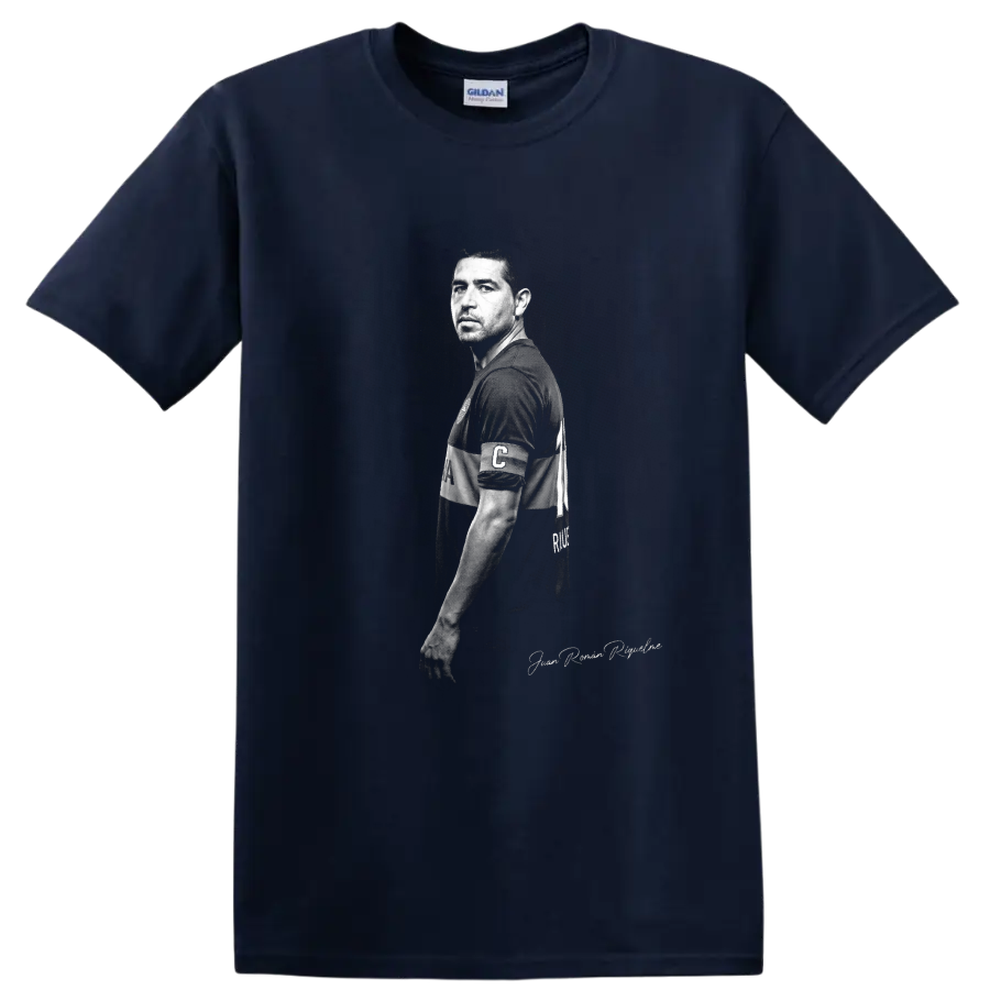 Juan Román Riquelme monochrome soccer portrait with captain’s armband on a Navy (Blue) T Shirt