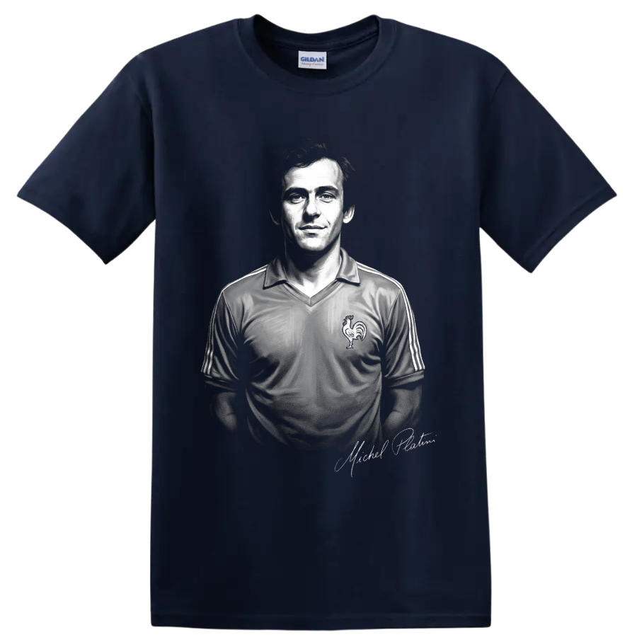 Michel Platini black-and-white France soccer jersey portrait with signature detail on a Navy (Blue) T Shirt