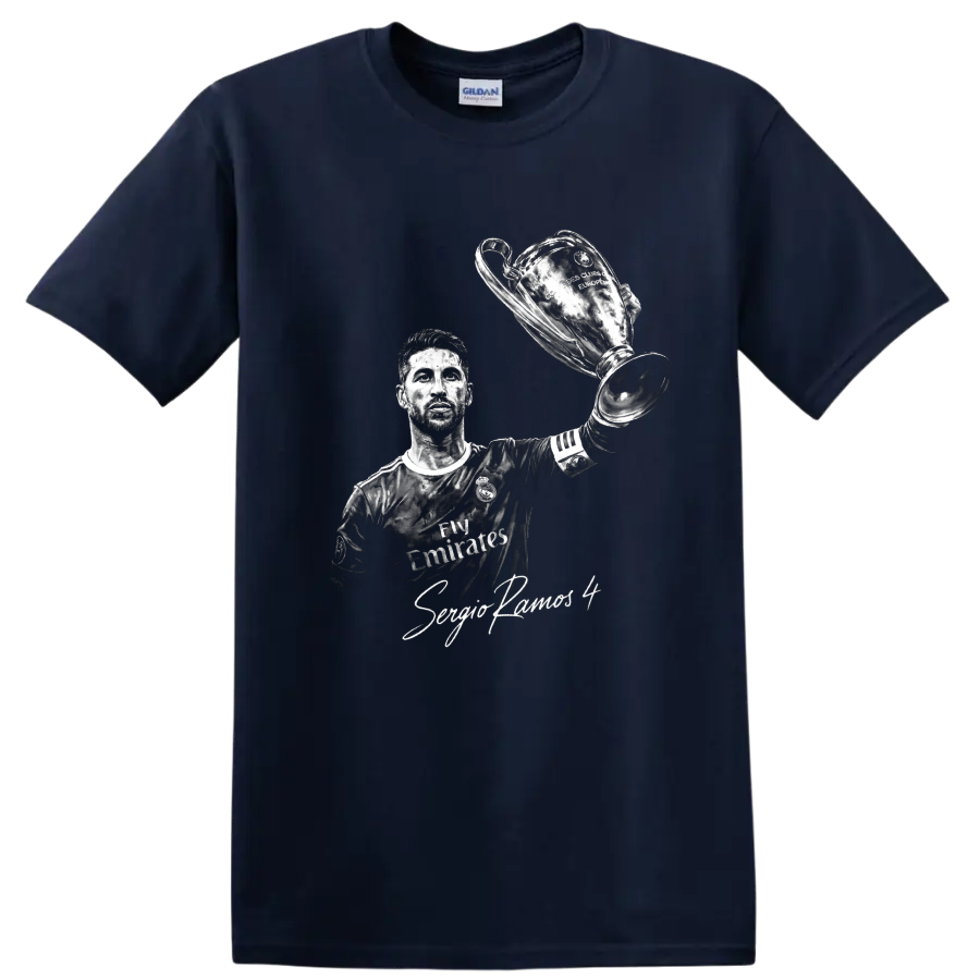Sergio Ramos monochrome portrait raising a European trophy with signature-style text on a Navy (Blue) T Shirt