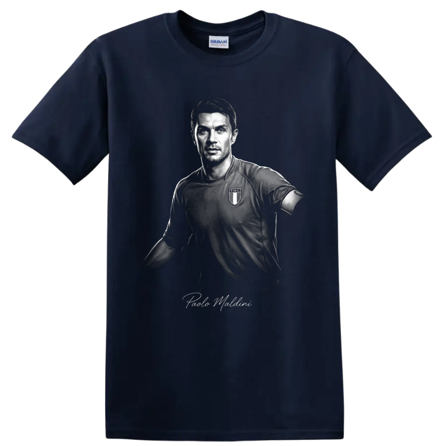 Paolo Maldini monochrome Italy soccer portrait with signature-style name lettering on a Navy (Blue) T Shirt