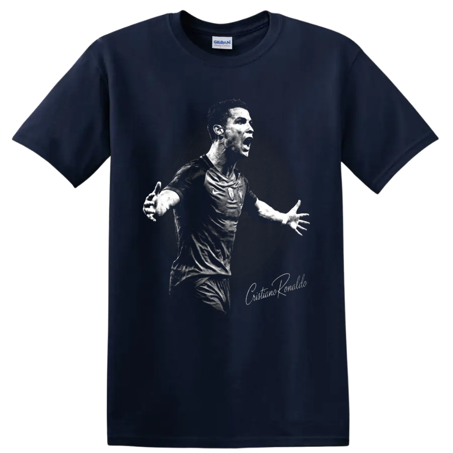 Cristiano Ronaldo celebrating in a distressed black-and-white soccer portrait on a Navy (Blue) T Shirt