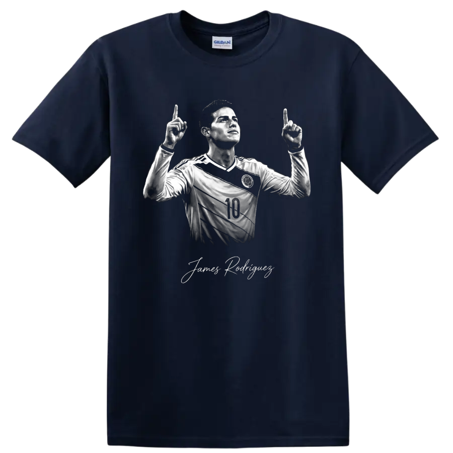James Rodríguez monochrome number 10 soccer portrait with signature-style name on a Navy (Blue) T Shirt