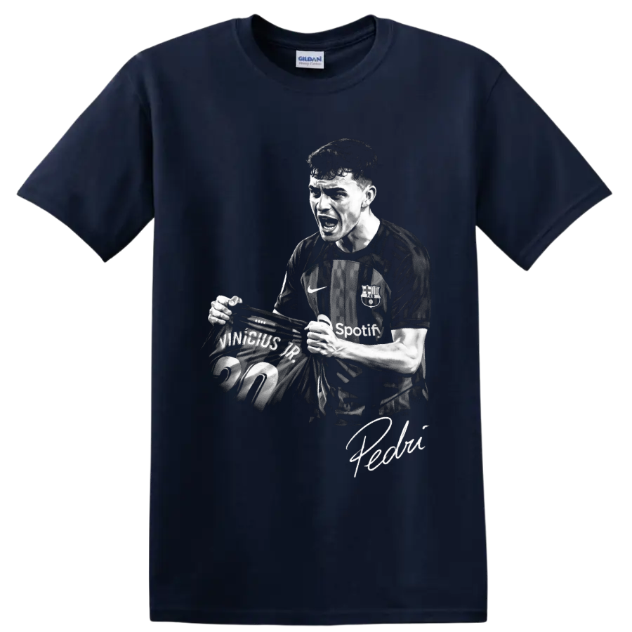 Pedri FC Barcelona soccer celebration portrait with number 20 jersey and signature on a Navy (Blue) T Shirt