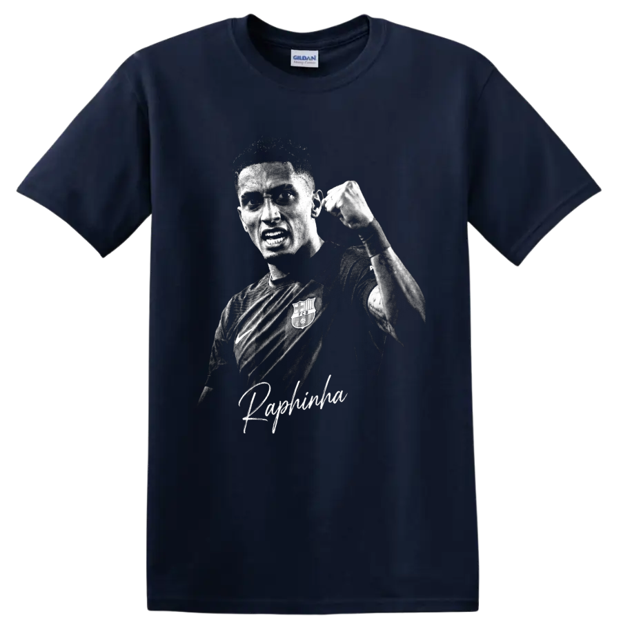 Raphinha raised-fist grayscale soccer portrait with signature-style name lettering on a Navy (Blue) T Shirt