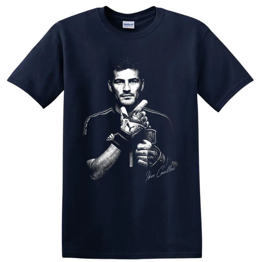 Iker Casillas monochrome goalkeeper portrait with gloves and signature-style accent on a Navy (Blue) T Shirt
