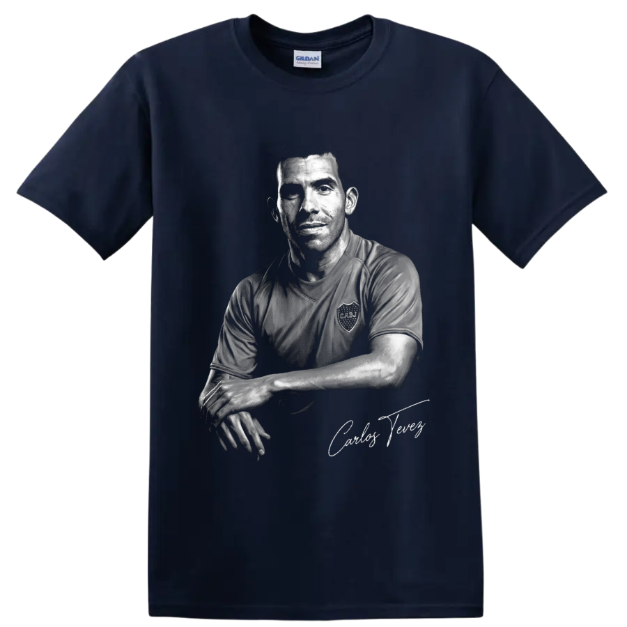 Carlos Tevez grayscale soccer portrait with signature-style text on a Navy (Blue) T Shirt