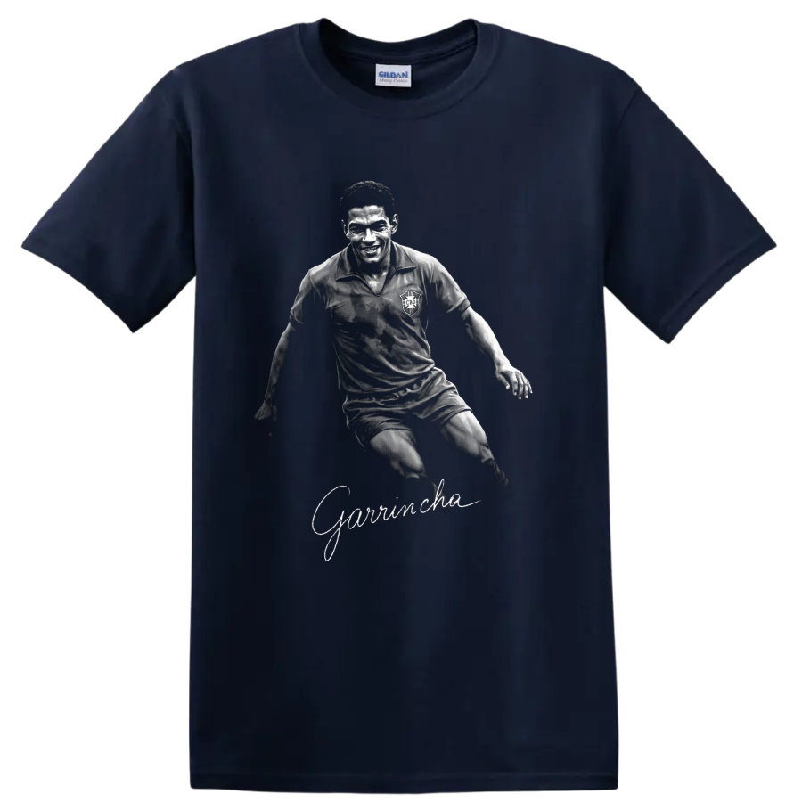 Garrincha dribbling soccer portrait in textured black-and-white vintage sports art on a Navy (Blue) T Shirt