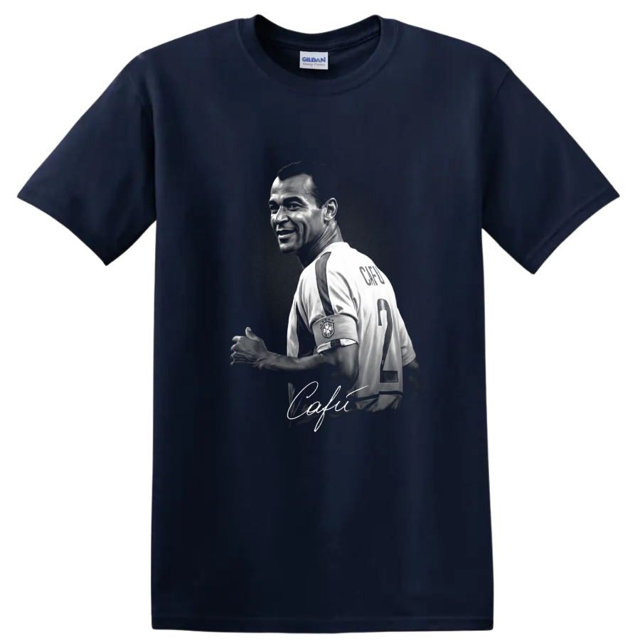 Monochrome Cafu Brazil captain portrait with number 2 jersey and signature-style script on a Navy (Blue) T Shirt