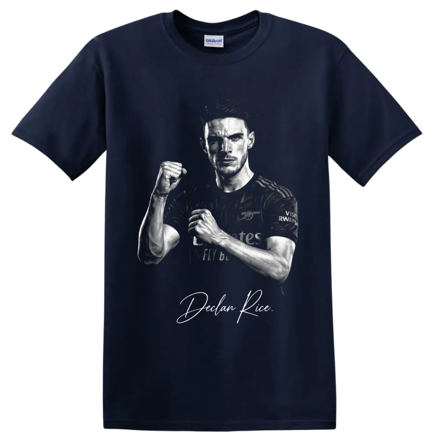 Declan Rice Arsenal soccer portrait with raised fist and signature-style text on a Navy (Blue) T Shirt