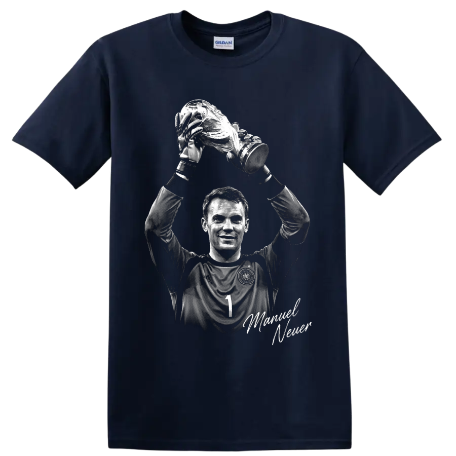Manuel Neuer grayscale goalkeeper portrait raising a trophy with signature on a Navy (Blue) T Shirt