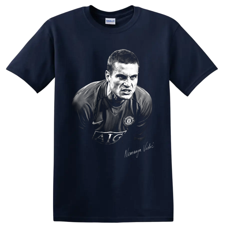 Nemanja Vidic Manchester United defender in intense monochrome portrait artwork on a Navy (Blue) T Shirt