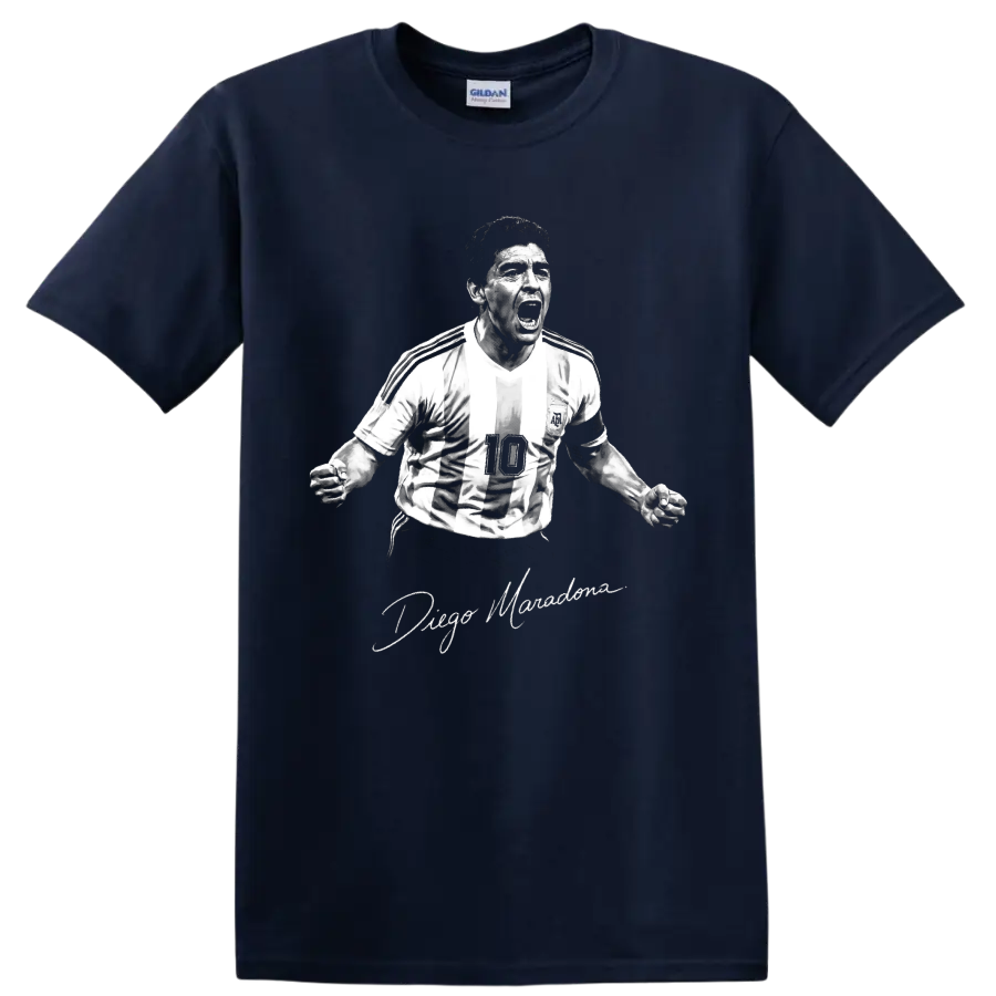 Diego Maradona roaring in a striped number 10 jersey, monochrome portrait and signature on a Navy (Blue) T Shirt