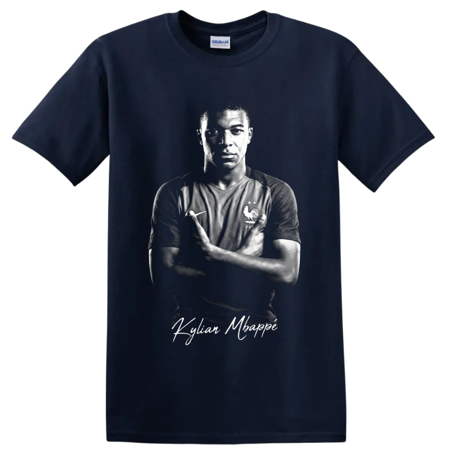 Kylian Mbappé France soccer portrait with dramatic monochrome lighting and signature text on a Navy (Blue) T Shirt