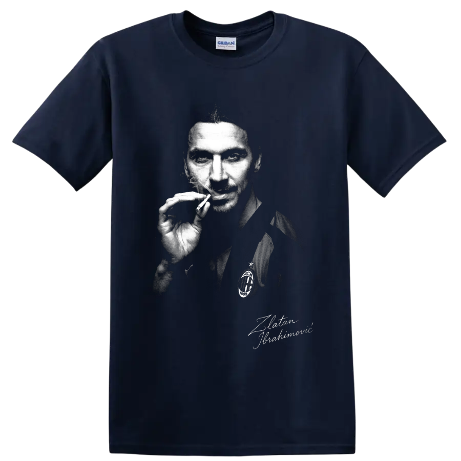 Zlatan Ibrahimović monochrome soccer portrait with smoke and signature-style lettering on a Navy (Blue) T Shirt