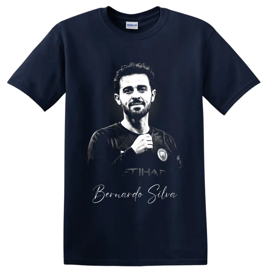 Bernardo Silva Manchester City monochrome soccer portrait with signature-style name on a Navy (Blue) T Shirt