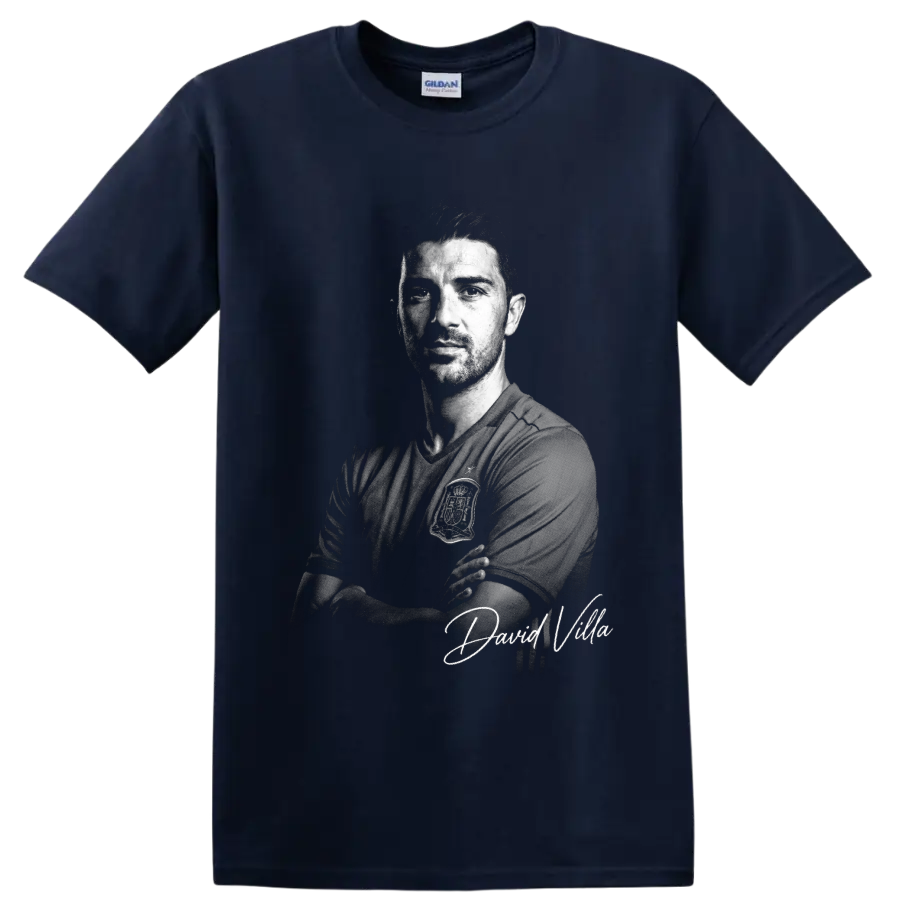 David Villa Spain soccer portrait in dramatic monochrome with signature-style lettering on a Navy (Blue) T Shirt