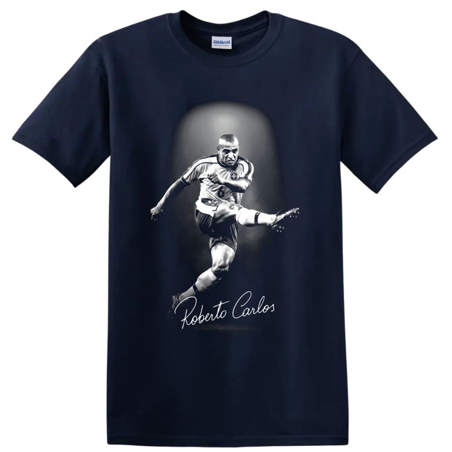 Roberto Carlos mid-kick soccer portrait with number 6 jersey and script signature on a Navy (Blue) T Shirt