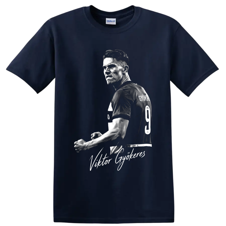 Viktor Gyökeres monochrome soccer portrait with number 9 jersey and script name on a Navy (Blue) T Shirt