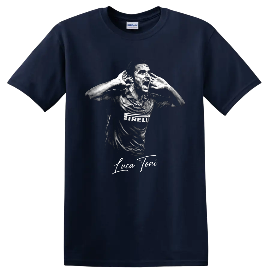 Luca Toni monochrome hands-to-ears soccer portrait with signature lettering on a Navy (Blue) T Shirt