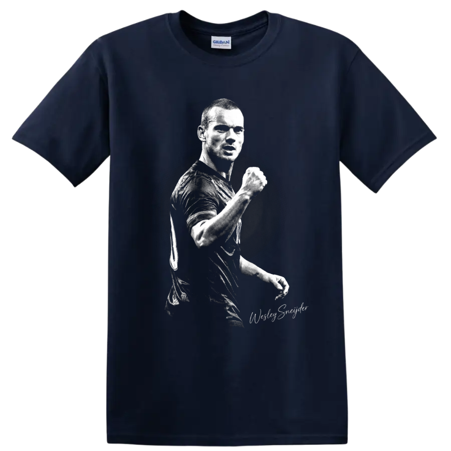 Wesley Sneijder raised-fist soccer portrait in gritty black-and-white style on a Navy (Blue) T Shirt