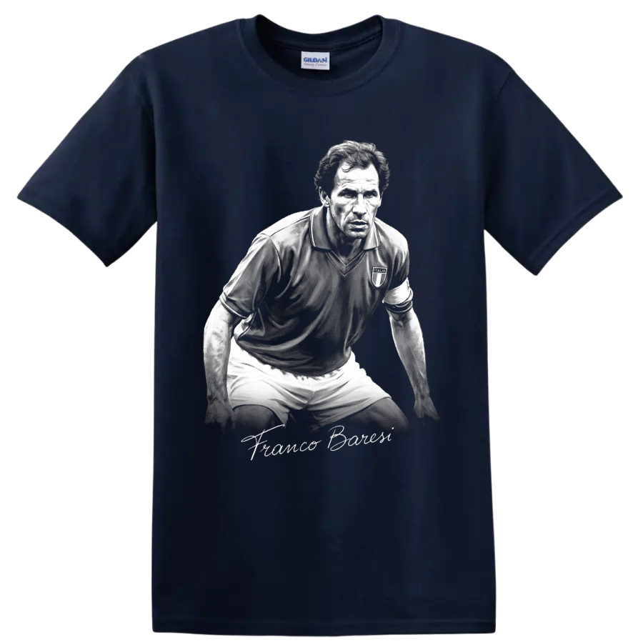 Franco Baresi grayscale soccer defender portrait with signature-style lettering on a Navy (Blue) T Shirt