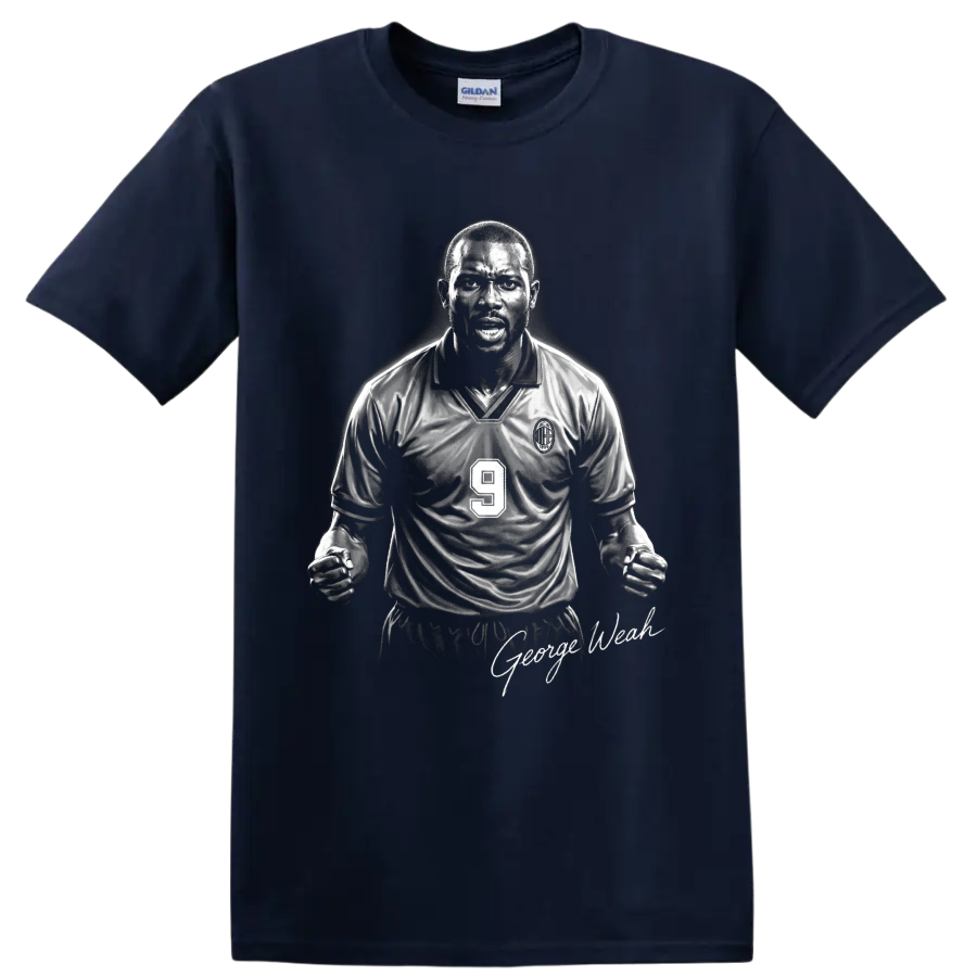 George Weah AC Milan number 9 monochrome soccer portrait with signature-style text on a Navy (Blue) T Shirt