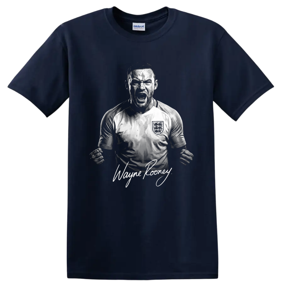 Wayne Rooney England soccer celebration portrait with signature-style name lettering on a Navy (Blue) T Shirt
