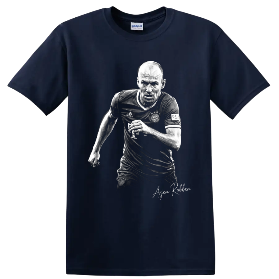 Arjen Robben running soccer portrait in monochrome with signature-style name on a Navy (Blue) T Shirt