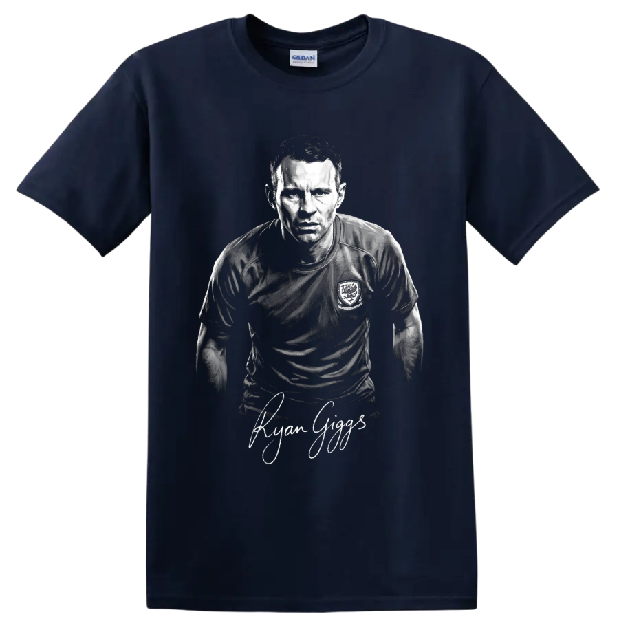 Ryan Giggs monochrome Welsh soccer player portrait with signature-style lettering on a Navy (Blue) T Shirt