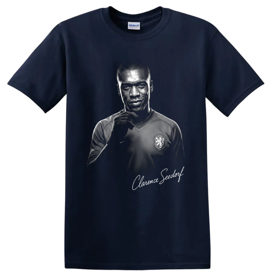 Clarence Seedorf Netherlands soccer portrait in high-contrast monochrome signature art on a Navy (Blue) T Shirt