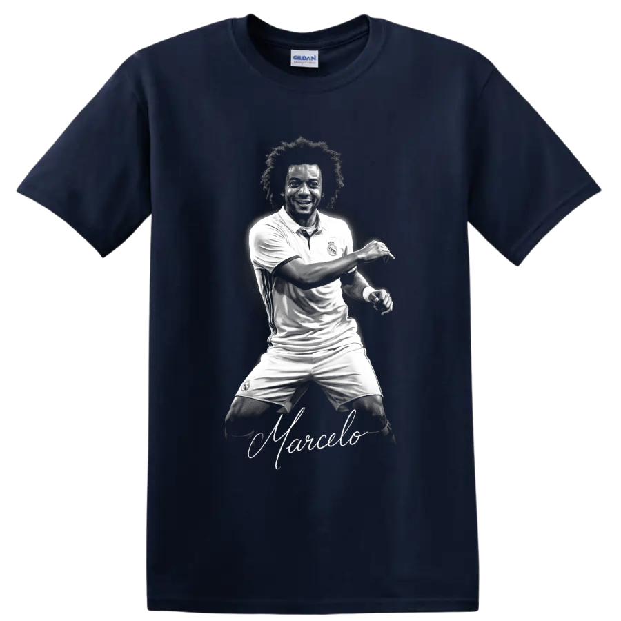 Marcelo Real Madrid soccer player monochrome portrait with signature-style Marcelo script on a Navy (Blue) T Shirt